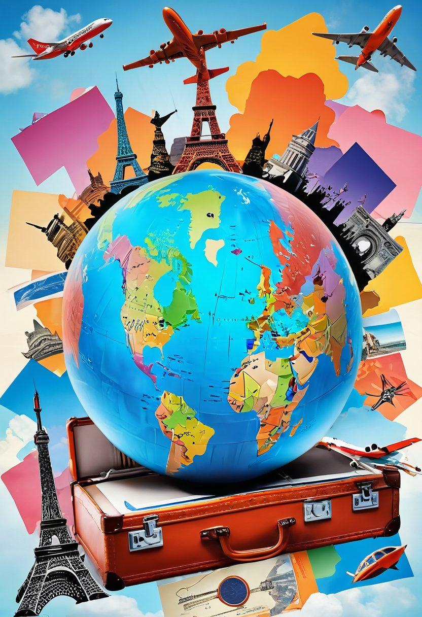 An eye-catching collage of a globe with flight paths radiating outwards, showcasing iconic landmarks like the Eiffel Tower, the Great Wall of China, and the Grand Canyon. Include elements like a suitcase with travel stickers and a laptop displaying a flight booking website, surrounded by vibrant clouds and colorful airplanes. The colors should be bright and inviting, evoking a sense of adventure. vibrant colors. 3D. travel-themed.