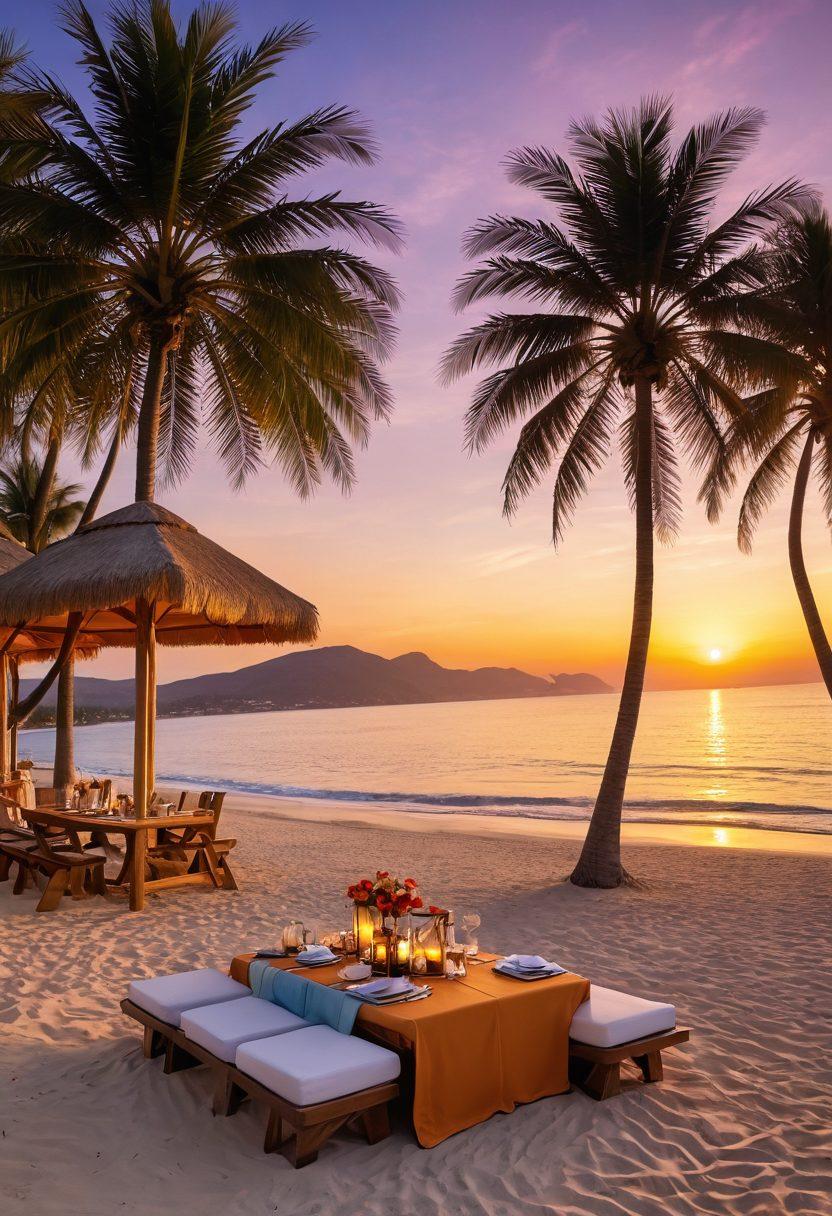 A stunning landscape featuring an idyllic beach at sunset with luxury cabanas and a budget-friendly picnic setup. Include a diverse group of travelers enjoying the scene, showcasing joy and relaxation. The background should present a mix of exotic palm trees and vibrant tropical flowers, evoking a sense of adventure and indulgence. super-realistic. vibrant colors. warm lighting.
