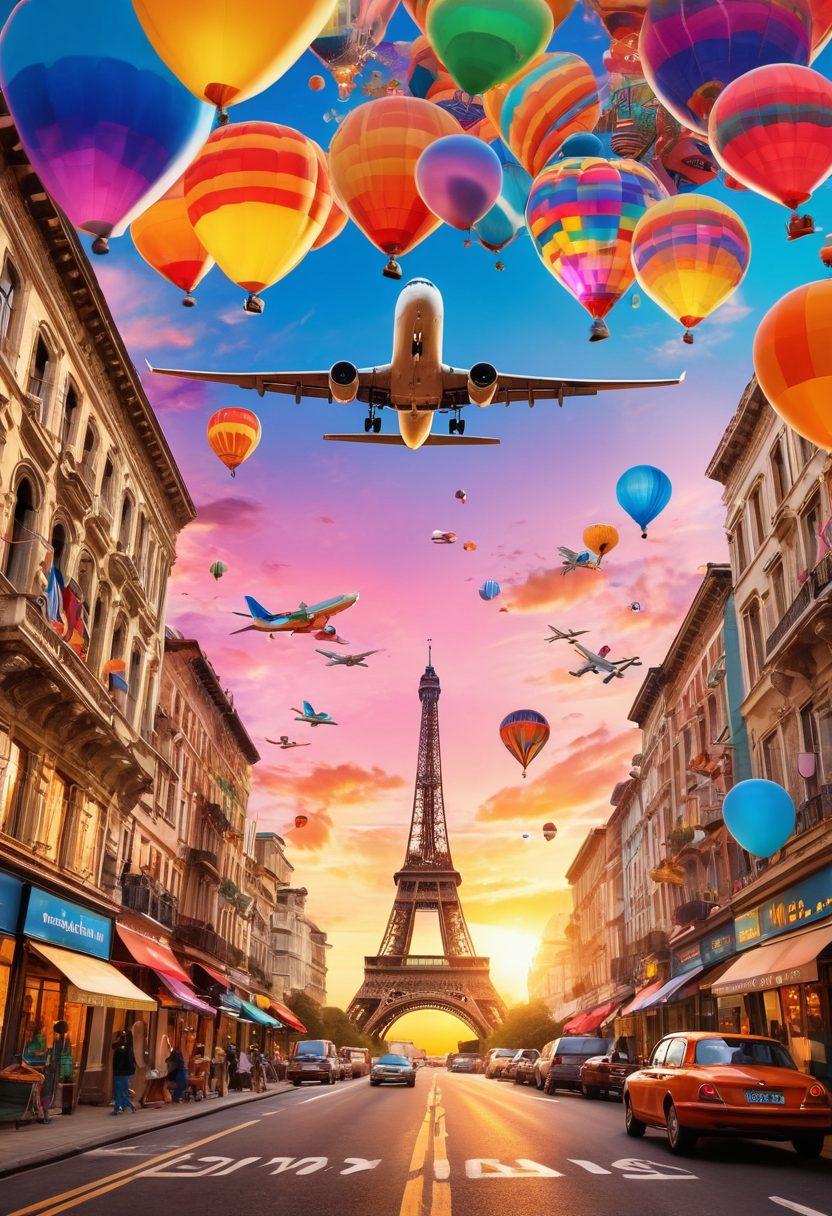 A breathtaking montage showcasing a diverse group of travelers joyfully exploring iconic landmarks from around the world, with vibrant visuals of planes taking off and landing, alongside thought bubbles featuring travel hacks and budget tips. Sunsets, famous destinations, and happy faces are interwoven to symbolize adventure and love for travel. The overall feel should be warm and inviting, ideally in a colorful, cheerful art style. vibrant colors. 3D.